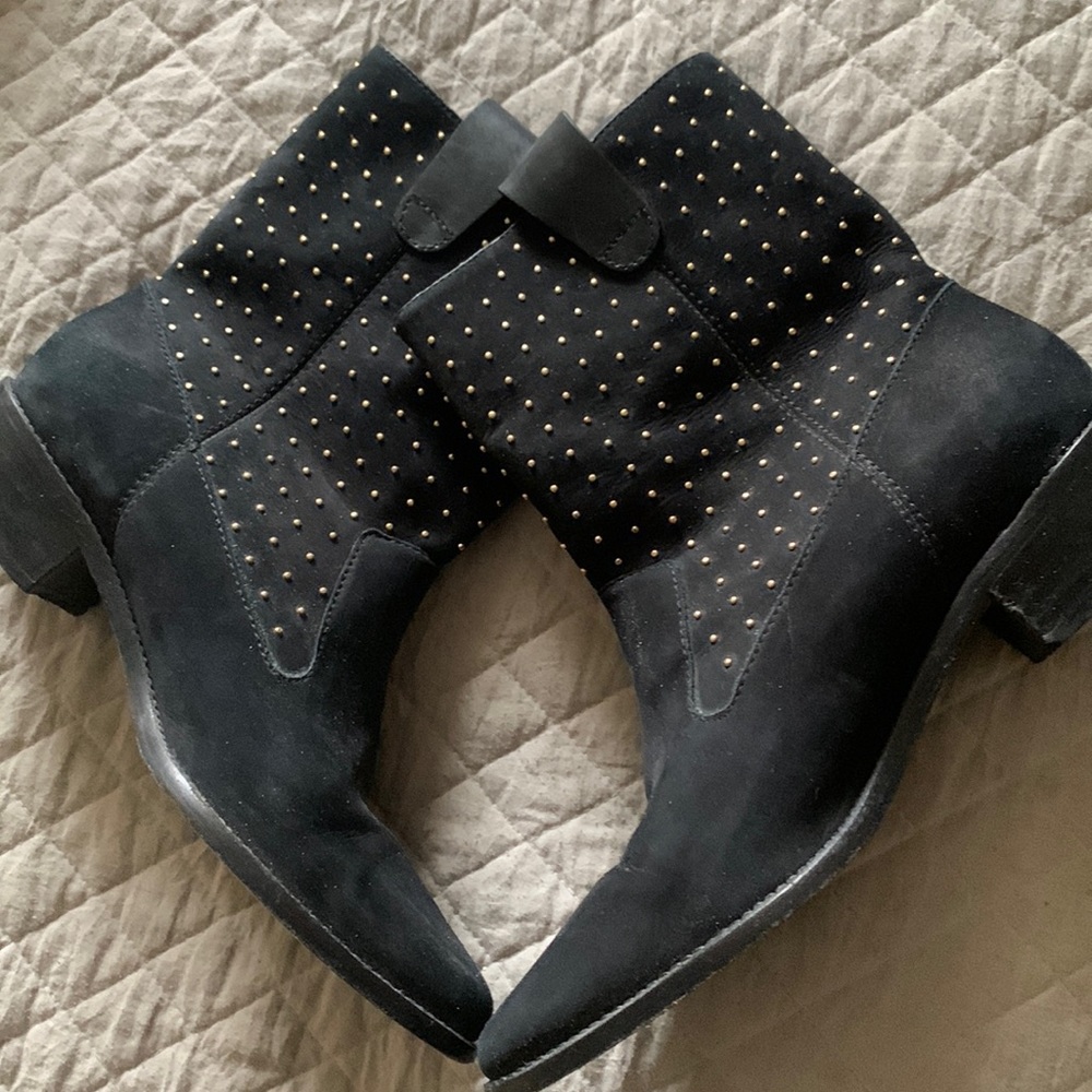 Gold studded low black suede cowboy boots